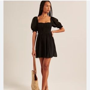 Abercrombie & Fitch Ruched Ruffle Puff Sleeve Mini Dress Black Size Small S